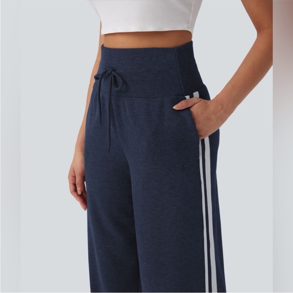 Ribbed Knit High Waisted Tummy Control Drawstring Casual Wide Leg Pants Pockets - Picture 2 of 10